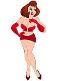 Cartoon girl in red mini skirt and gloves