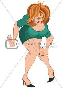 Cartoon girl in short  dress and red hair touching her knee