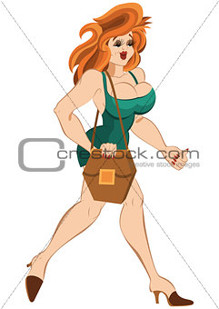 Cartoon girl in short  dress and red hair walking with purse