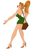 Cartoon girl in short  dress walking with purse
