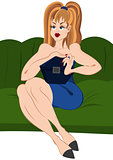Cartoon girl in short  skirt sitting on green couch