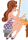 Cartoon girl sitting and applying makeup near the mirror