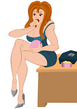 Cartoon girl sitting and eating snack from pink box