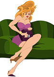 Cartoon girl sitting on green couch and looking in to her purse
