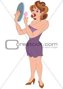 Cartoon girl standing and looking in the mirror