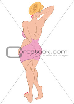 Cartoon girl with blond hair in pink dress bear feet Back view
