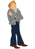 Cartoon man covering mouth with hand