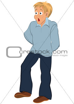 Cartoon man in blue shirt and open mouth