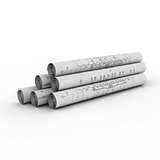 Scrolls of engineering drawings. Isolated render on a white background