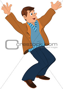 Cartoon man in blue sweater and brown jacket holding happily han