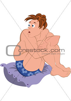 Cartoon man in blue underwear sitting on pillow