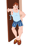 Cartoon man in blue underwear standing near apartment door