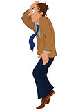 Cartoon man in brown jacket standing on tiptoe
