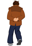 Cartoon man in brown jacket walking away back view