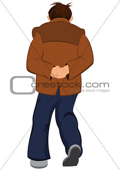Cartoon man in brown jacket walking away back view