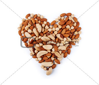 Nuts in the shape of heart isolated on a white background