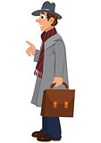 Cartoon man in gray hat coat and briefcase