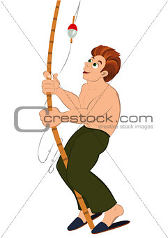 Cartoon man in green pants with fishing rod