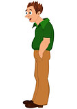 Cartoon man in green shirt and hands in to pockets