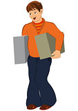 Cartoon man in orange holding two big boxes