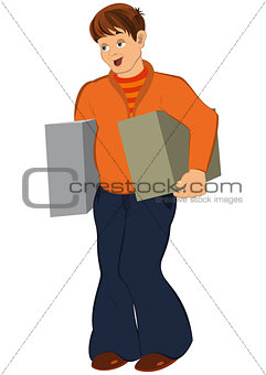 Cartoon man in orange holding two big boxes