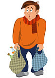 Cartoon man in orange sweater and scarf with bags