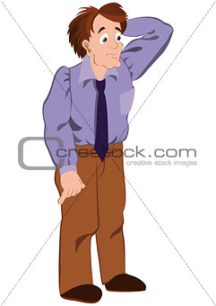 Cartoon man in purple shirt touching hair