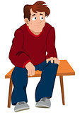Cartoon man in red sweater and blue pants sitting on the bench