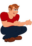 Cartoon man in red t-shirt sitting on his feet