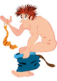 Cartoon naked man holding tie and pants