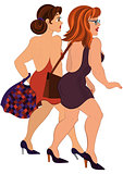 Cartoon two girls walking with bags back view