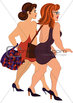 Cartoon two girls walking with bags back view