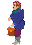 Cartoon woman in blue coat gray boots holding bag
