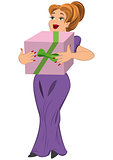 Cartoon woman in purple dress with present box