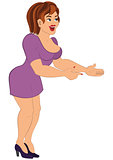Cartoon woman in short purple dress smiling and holding hands in