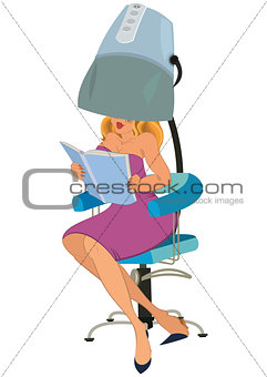 Cartoon woman sitting under blow dryer