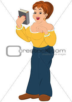 Cartoon woman smiling with book
