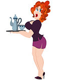 Retro hipster girl holding tray with coffee