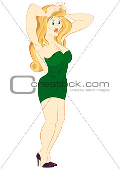 Retro hipster girl in green dress holding hands up