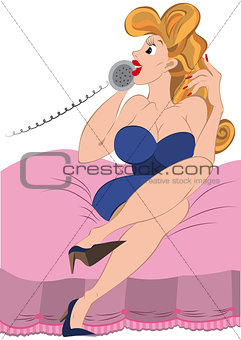 Retro hipster girl on pink couch talking on old fashioned phone