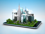 Image of tablet with illustration of city, 3d