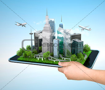 Image of hand holding tablet with illustration of city, 3d