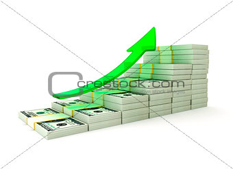 Stack of dollars and growing arrow. Conceptual illustration. Isolated on white background. 3d render