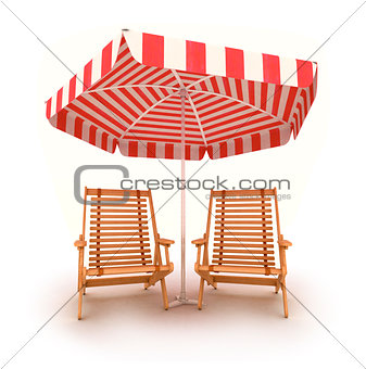 Deck chairs with beach umbrella isolated 3d