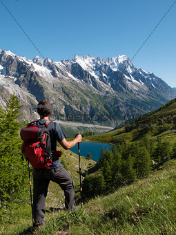Hiker admiring mountain landscape in Val Veny, Mont Blanc
