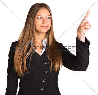 Businesswoman pointing her finger upward