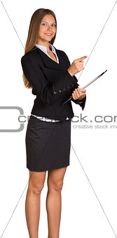 Businesswoman holding paper holder and indicate forward