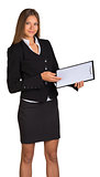 Businesswoman holding paper holder
