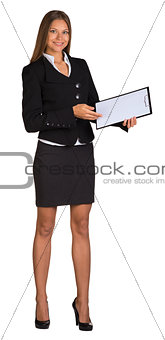 Businesswoman holding paper holder in his hands