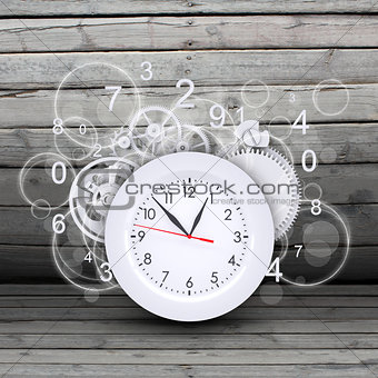 Clock face with figures and white gears